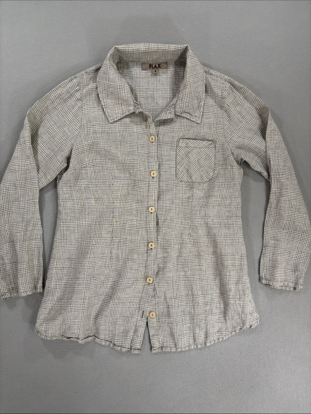 Flax Beige Gray Plaid linen Button-Down Shirt S